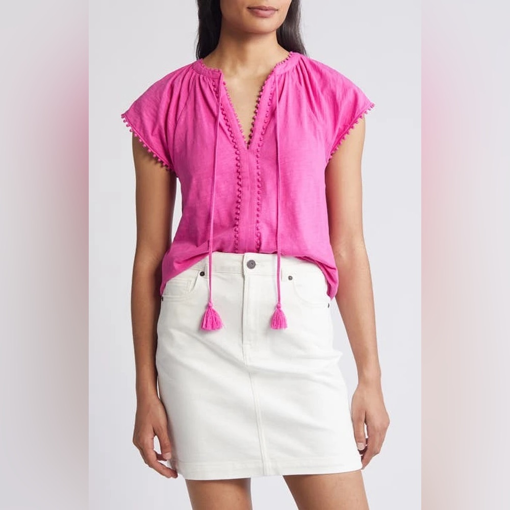 NWT Boden Millie Tassel Tie Short Sleeve Cotton Top in Rose Violet Size 20-22